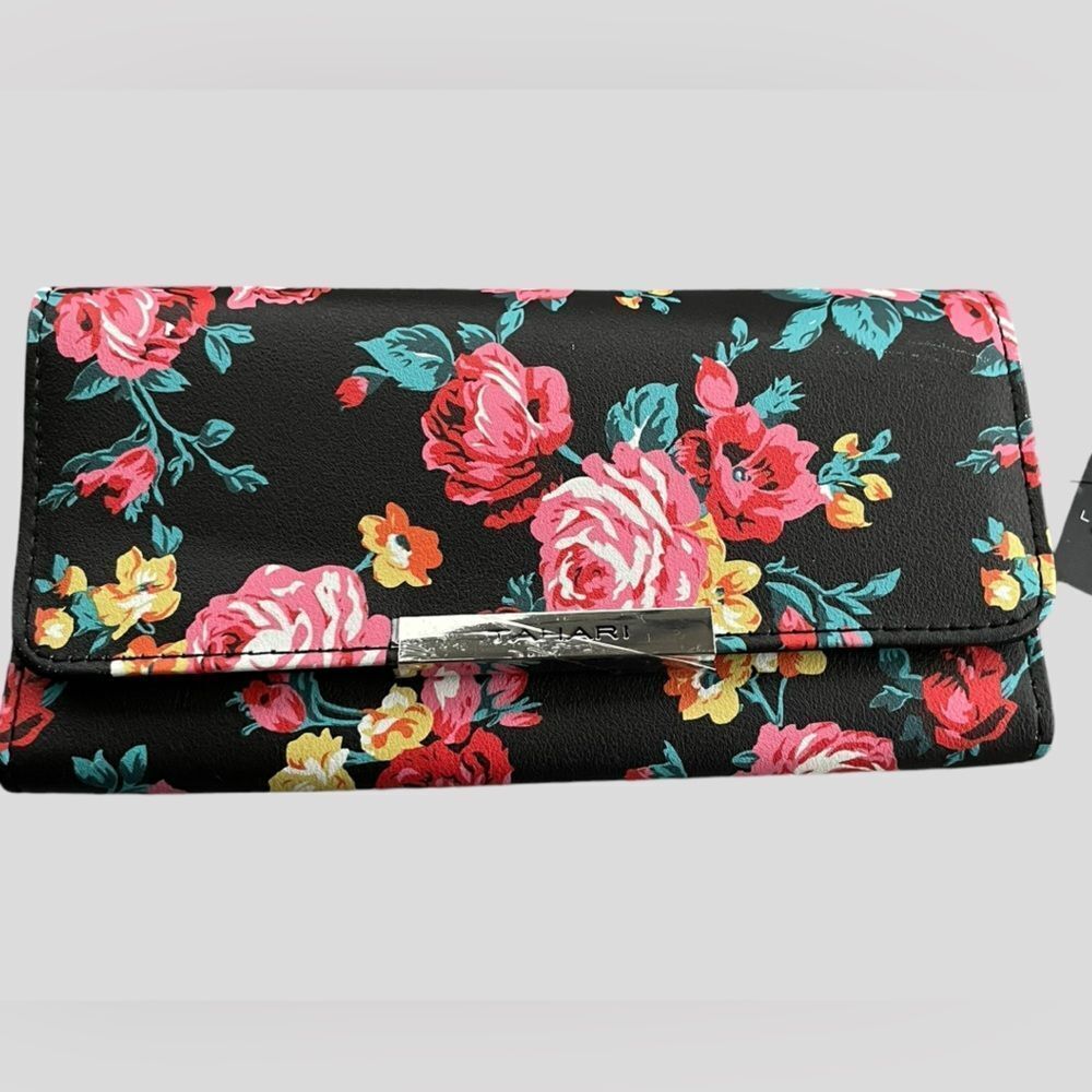 Tahari Trifold Long Wallet RFID Vegan Leather Floral NEW